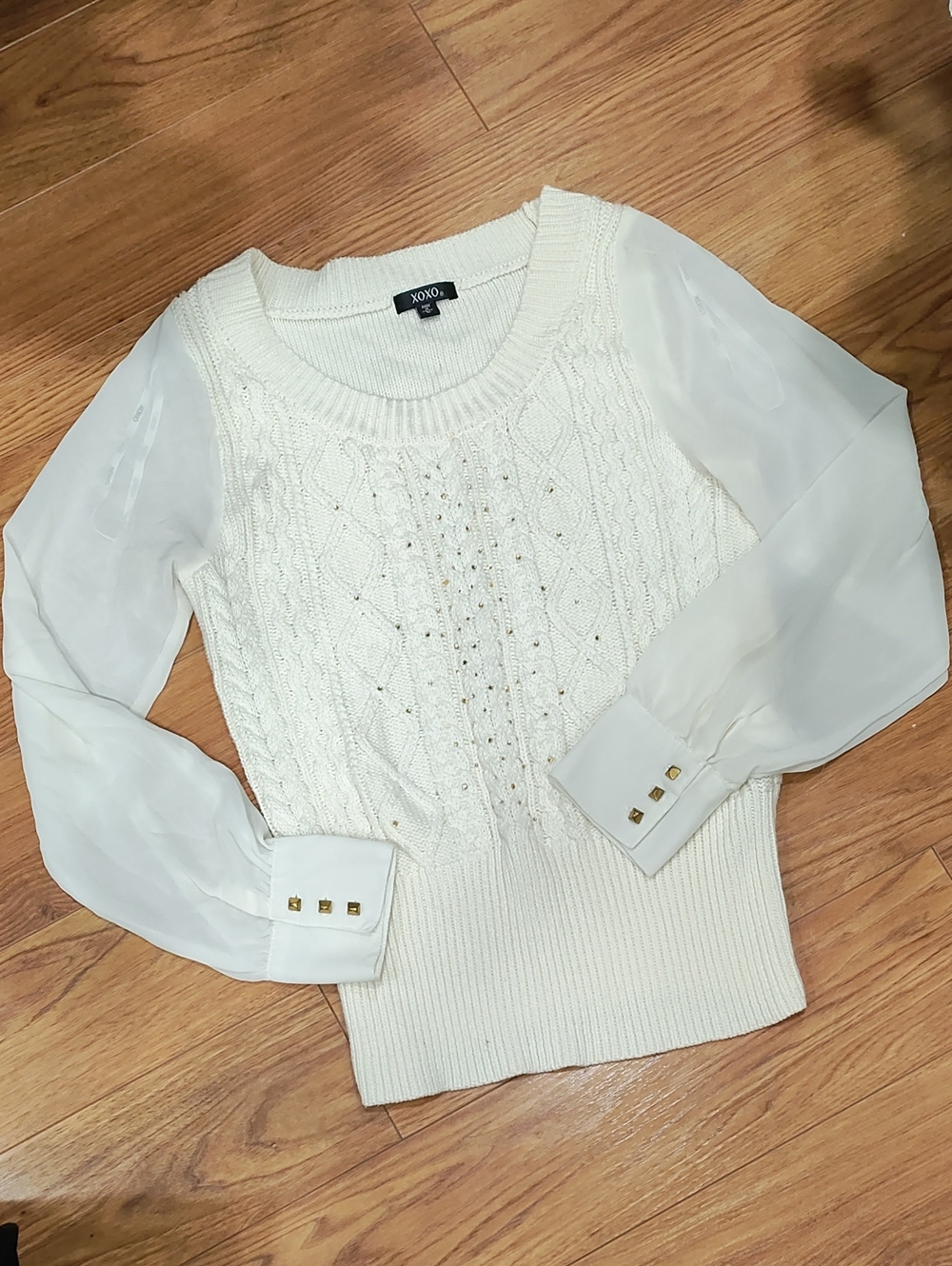 XOXO Ivory Knit Sweater with Sheer Sleeves and Gold Buttons